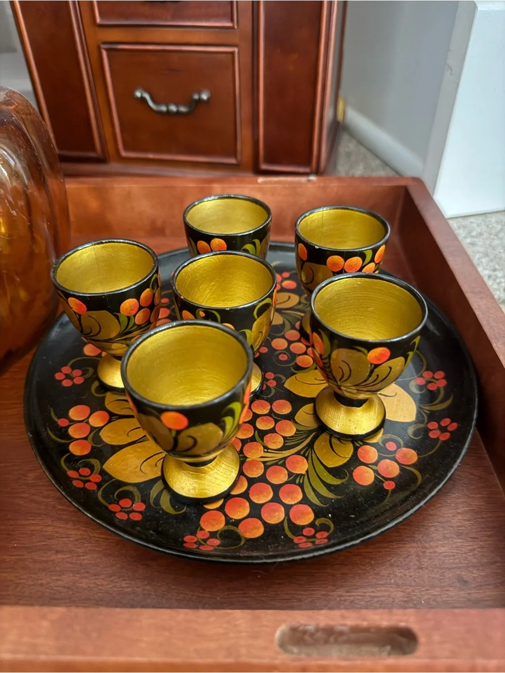 Vintage 7-Piece Russian Khokhloma Lacquerware Set.